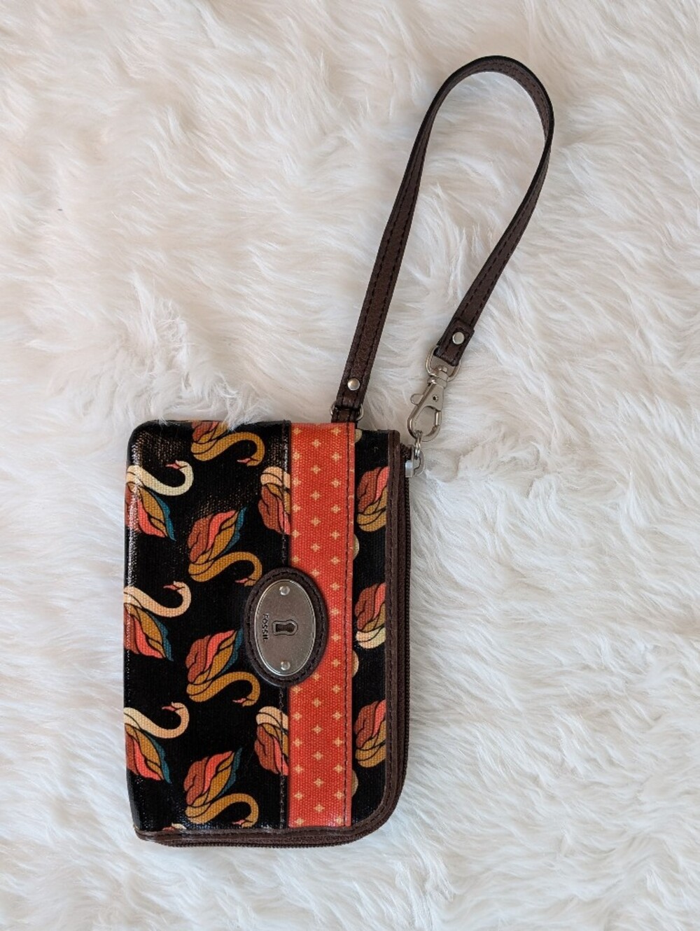 Fossil Swan Black & Orange Patterned Wristlet Phone Case